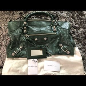 Balenciaga work green lambskin leather tote